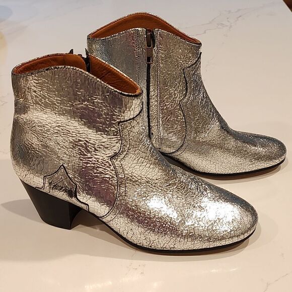 Isabel Marant Silver Metallic Dicker  Leather Ankle Boots - Picture 3 of 10